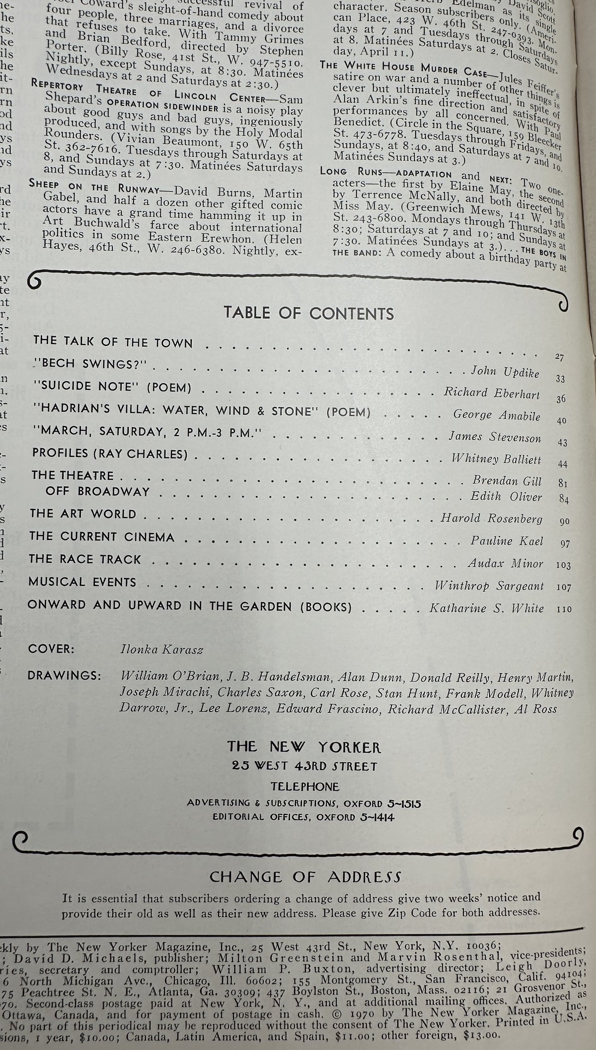 The New Yorker Magazine March 28, 1970 Easter Eggs Ilonka Karasz Cover VG, showing the printed table of contents and contributor listings.