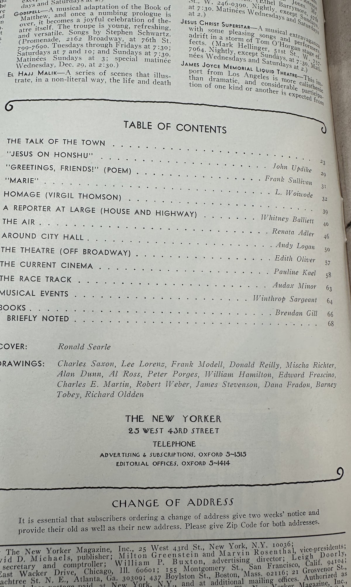 The New Yorker Magazine December 25, 1971 Santa Rooftop Confetti Ronald Searle Cover VG, showing the issue table of contents and contributor information.