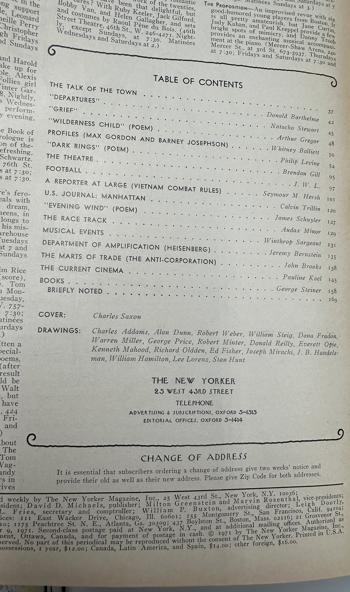 The New Yorker Magazine October 9, 1971 Monk Elephant Columns Charles Saxon Cover VG, showing the magazine table of contents page with featured articles, poems, departments, and publication information.
