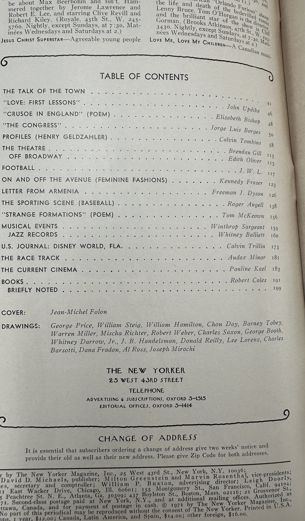 The New Yorker Magazine November 6, 1971 Procession Hill Jean-Michel Folon Cover VG, showing the printed table of contents page.