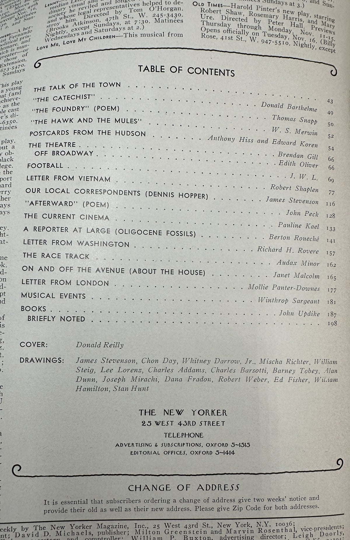 The New Yorker Magazine November 13, 1971 Table of Contents page featuring articles, poems, drawings, and Donald Reilly cover credit