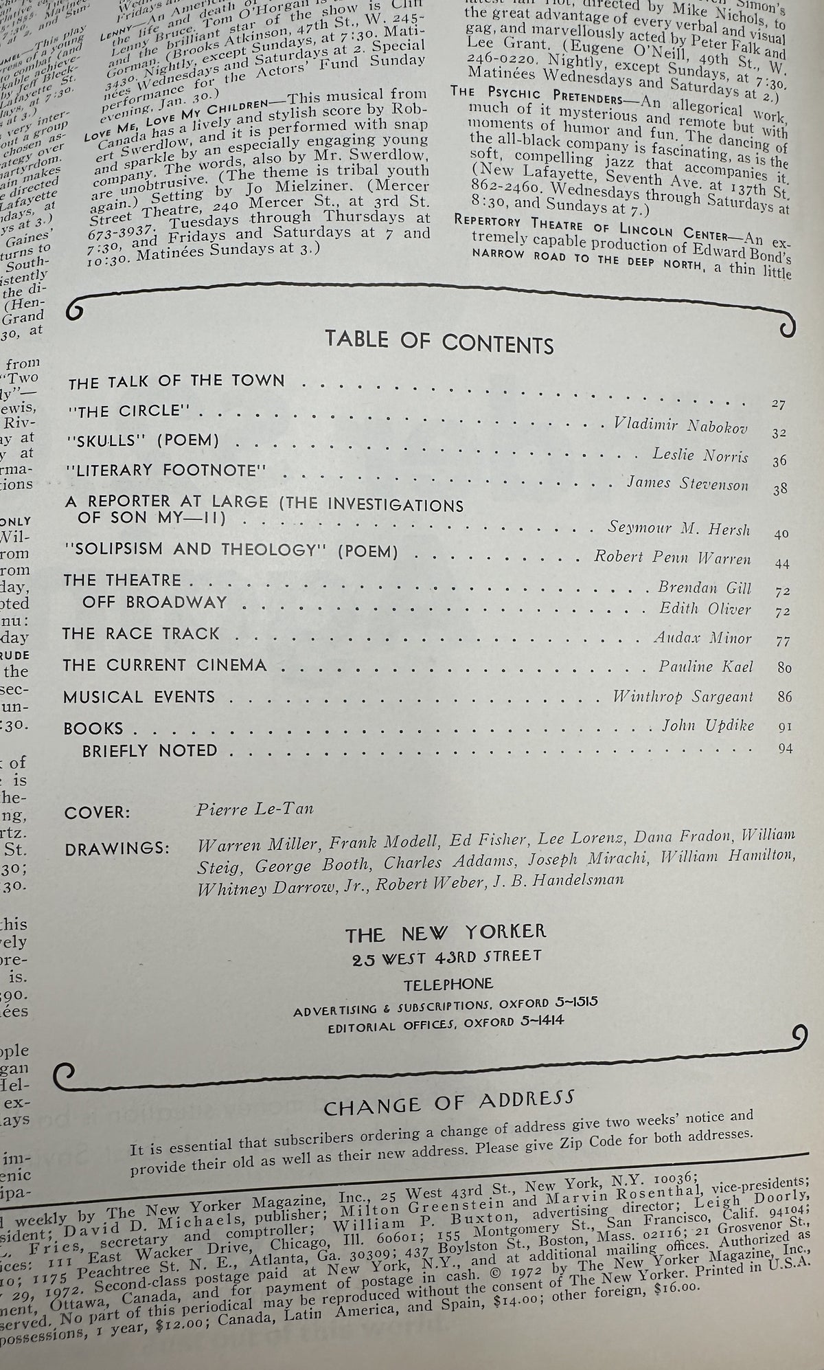 The New Yorker Magazine January 29, 1972 Blue Hallway Black Cat Pierre Le-Tan Cover VG, interior table of contents page listing articles, poems, reviews, cover artist Pierre Le-Tan, and contributing cartoonists.