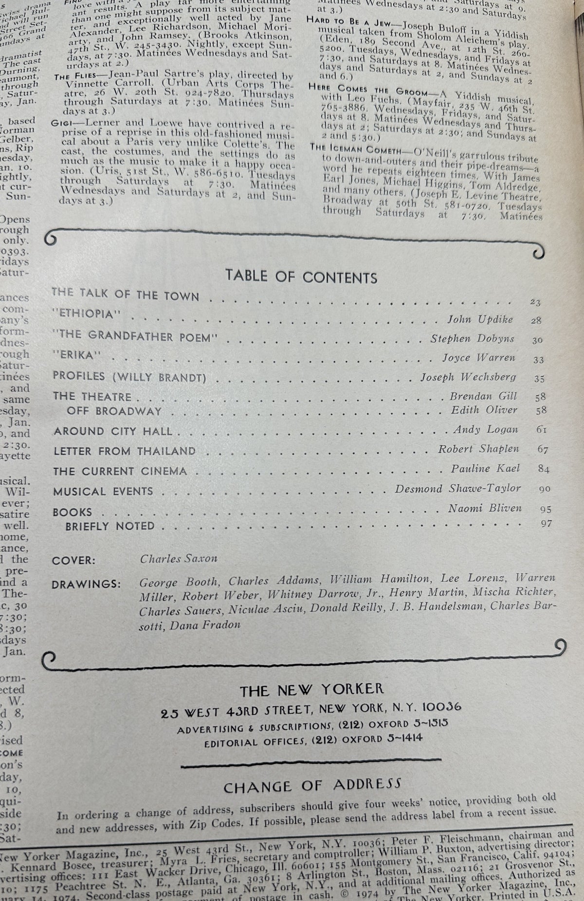 The New Yorker Magazine January 14, 1974 Beach Porch Sunbather Charles Saxon Cover VG, interior table of contents page listing articles, authors, departments, cover artist Charles Saxon, and featured cartoonists.
