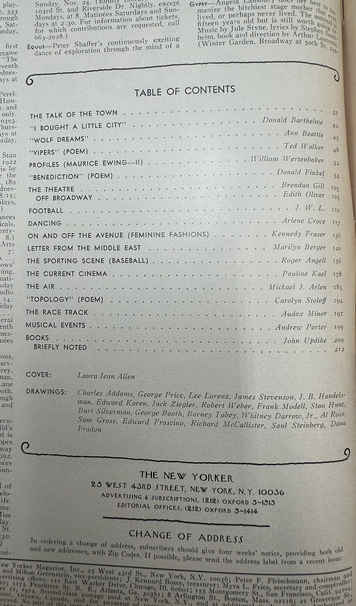 The New Yorker Magazine November 11, 1974 Woman Bakery Bread Display Laura Jean Allen VG, photographed table of contents page listing articles, poems, reviews, and departments