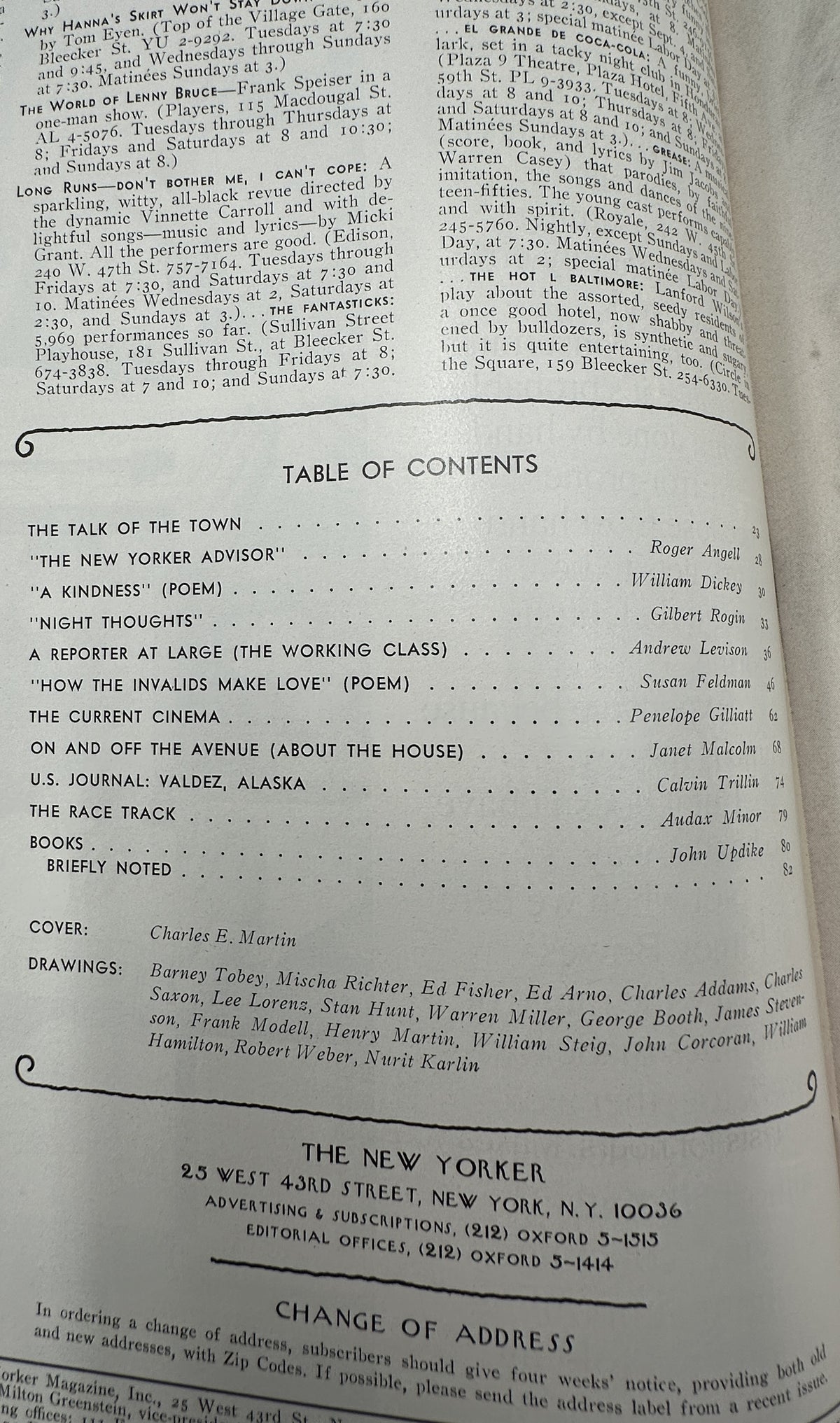 The New Yorker Magazine September 2, 1974 Starry Lakeside Campfires Charles Martin VG, interior table of contents page listing articles, poems, cartoons, and the Charles E. Martin cover credit.
