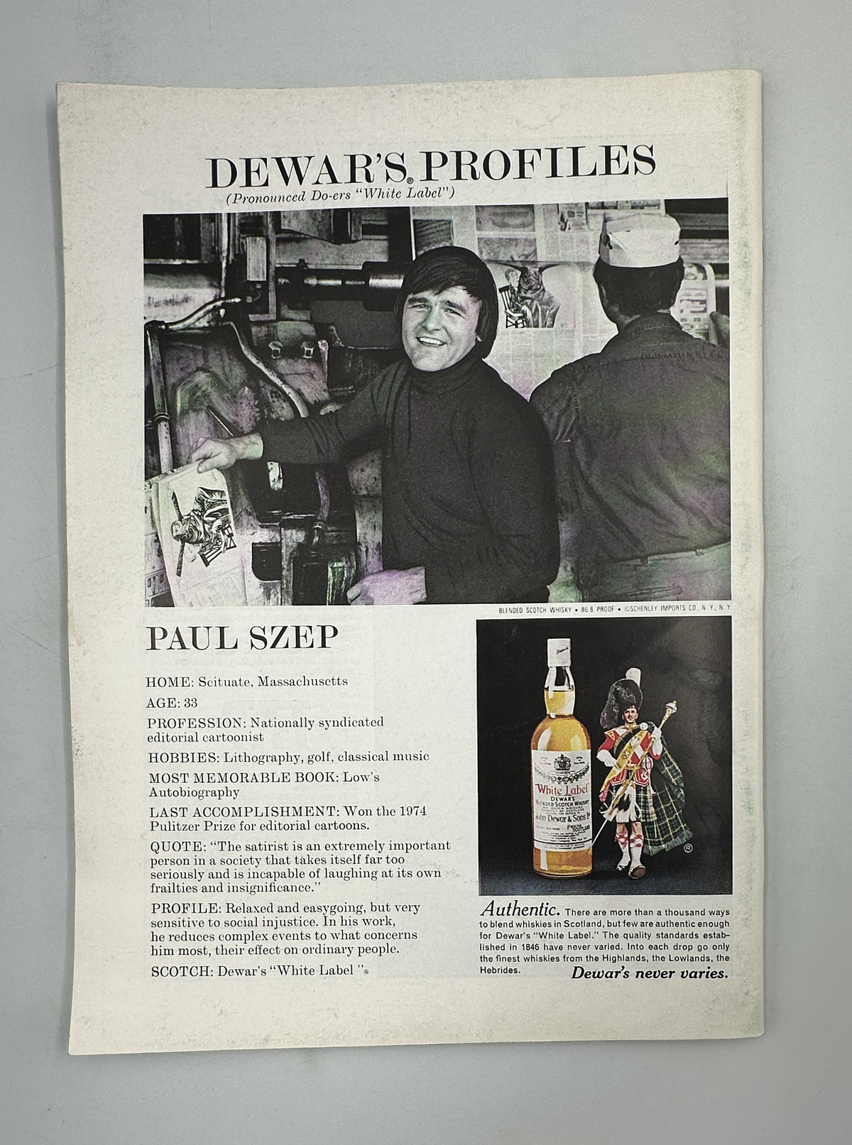 The New Yorker Magazine November 10, 1975 Hikers Autumn Forest Arthur Getz Cover VG, interior Dewar's Profiles page featuring Paul Seep, a portrait photograph, Dewar's whisky bottle, and illustrated advertisement text