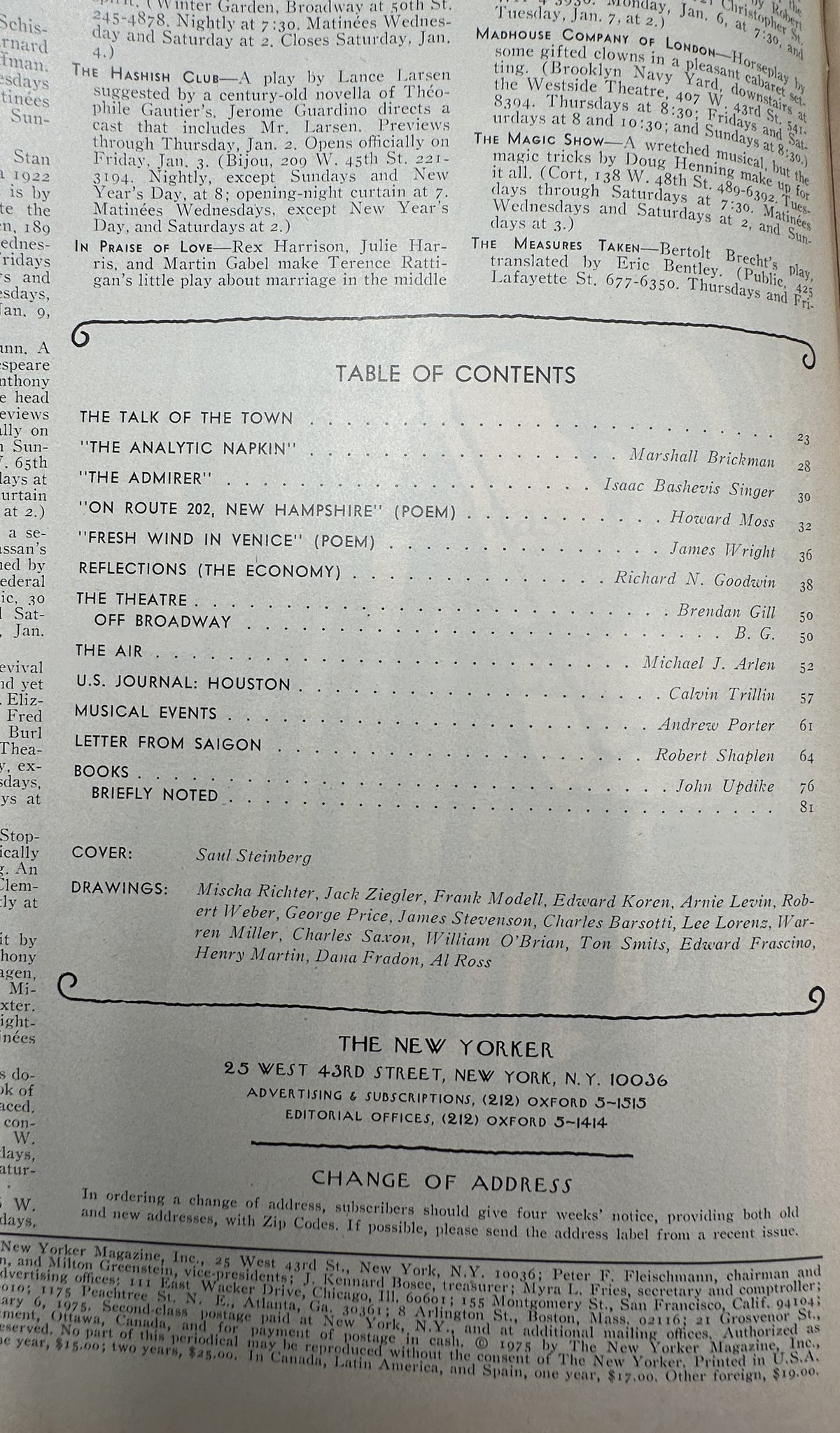 The New Yorker Magazine January 6, 1975 Ink Bottle Pencils Brush Saul Steinberg Cover VG, interior table of contents page showing articles, poems, contributors, and Saul Steinberg cover credit.