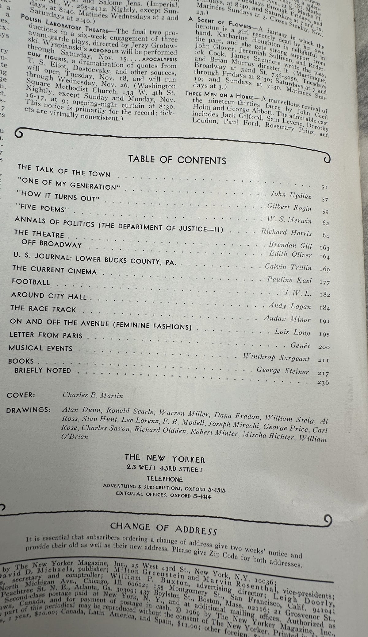 The New Yorker Magazine November 15, 1969 Apartment Hallway Newspapers Charles Martin, interior table of contents page listing articles, departments, contributors, cover artist, and featured cartoon drawings.