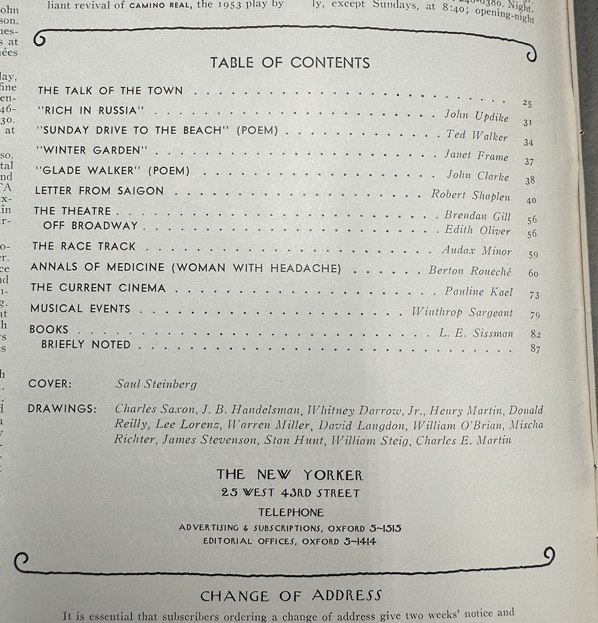 The New Yorker Magazine January 31, 1970 Yesterday Today Tomorrow Saul Steinberg Cover, showing the issue's table of contents with articles, poems, reviews, cover credit, and listed cartoon artists.