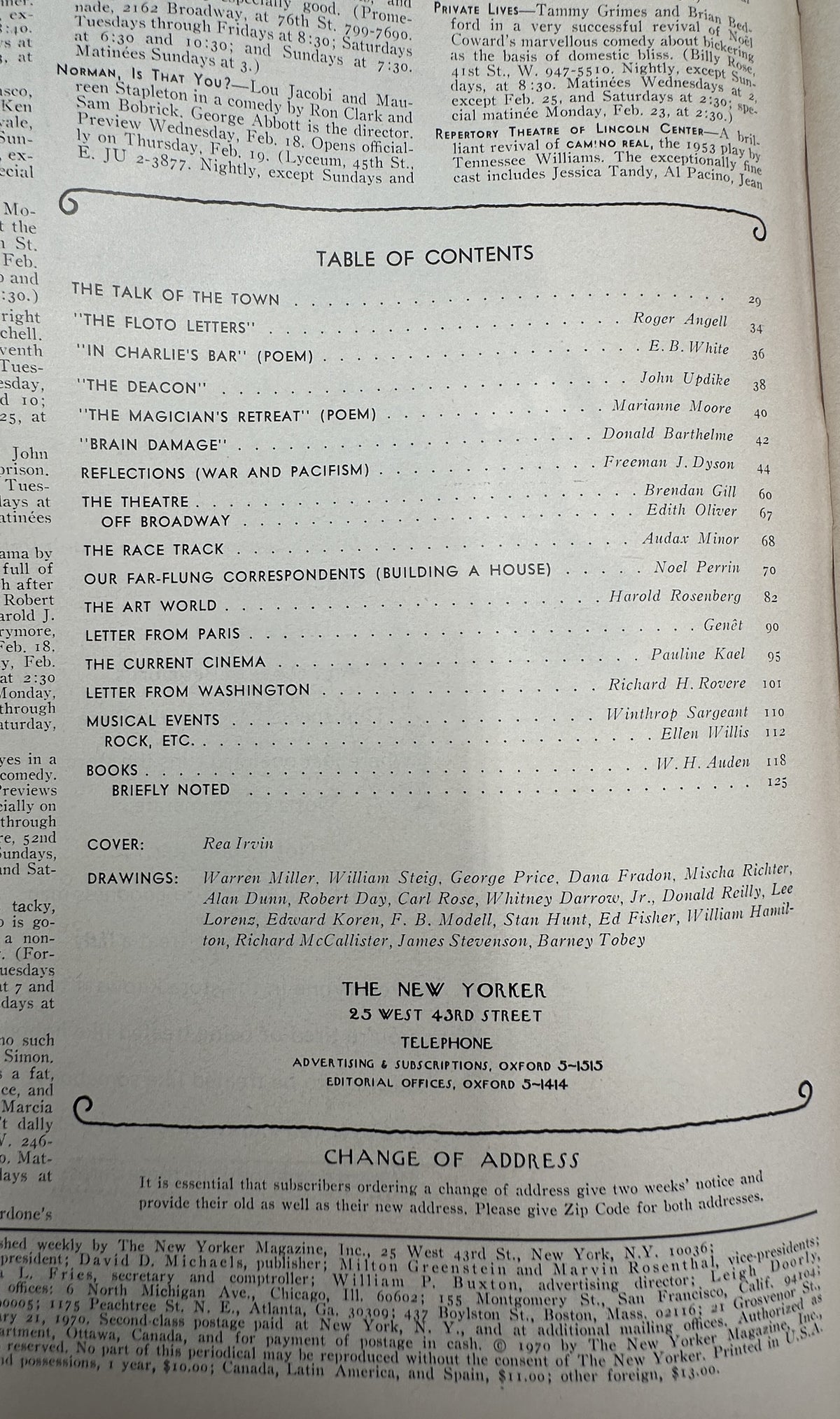 The New Yorker Magazine February 21, 1970 Top Hat Butterfly Rea Irvin Cover, showing the issue's table of contents and publication details.