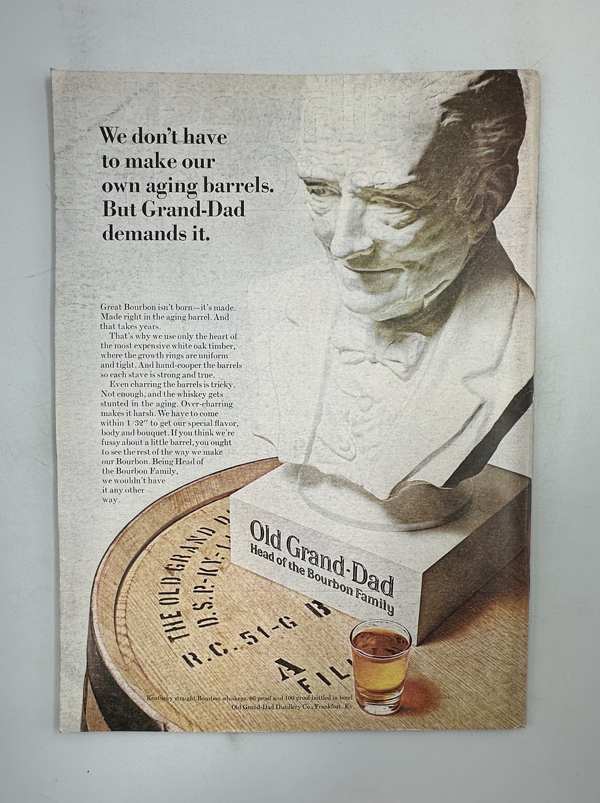 The New Yorker Magazine February 21, 1970 Top Hat Butterfly Rea Irvin Cover, showing a vintage Grand-Dad bonded whiskey advertisement with a man, barrel, and glass.