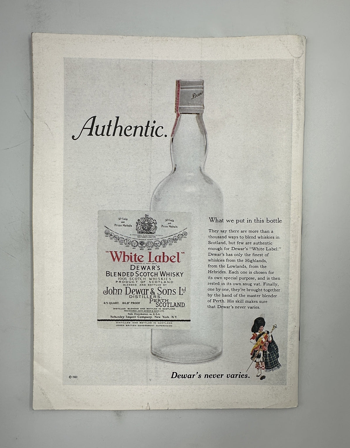 The New Yorker Magazine April 25, 1970 Pink Blossom Tree Planter Laura Jean Allen Cover, vintage Dewar's White Label blended Scotch whisky advertisement featuring an illustrated bottle and the word Authentic.