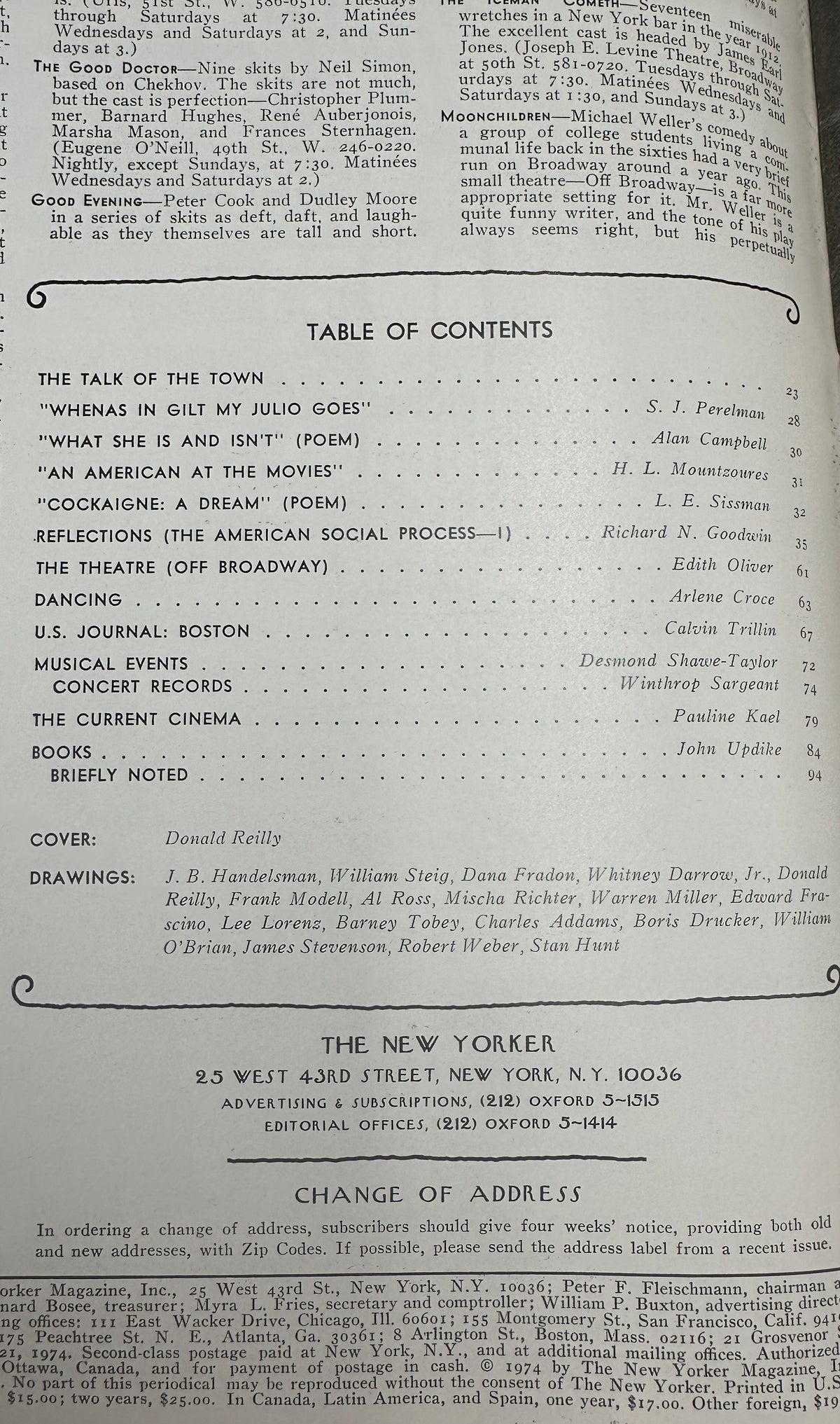 The New Yorker Magazine January 21, 1974 Fire Escapes Courtyard Donald Reilly Cover, featuring the issue's table of contents and publication information page.