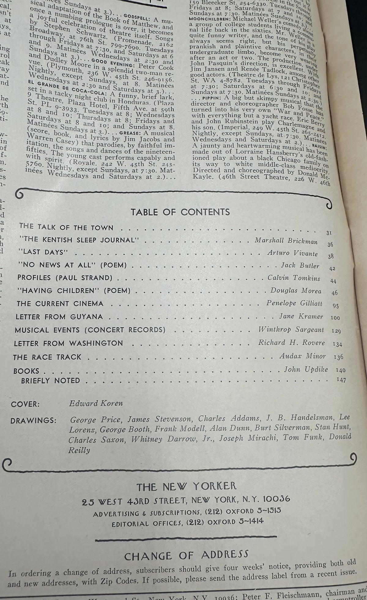 The New Yorker Magazine September 16, 1974 Don't Walk Crowd Edward Koren Cover, open to the table of contents page listing featured articles, poems, profiles, letters, and drawings.