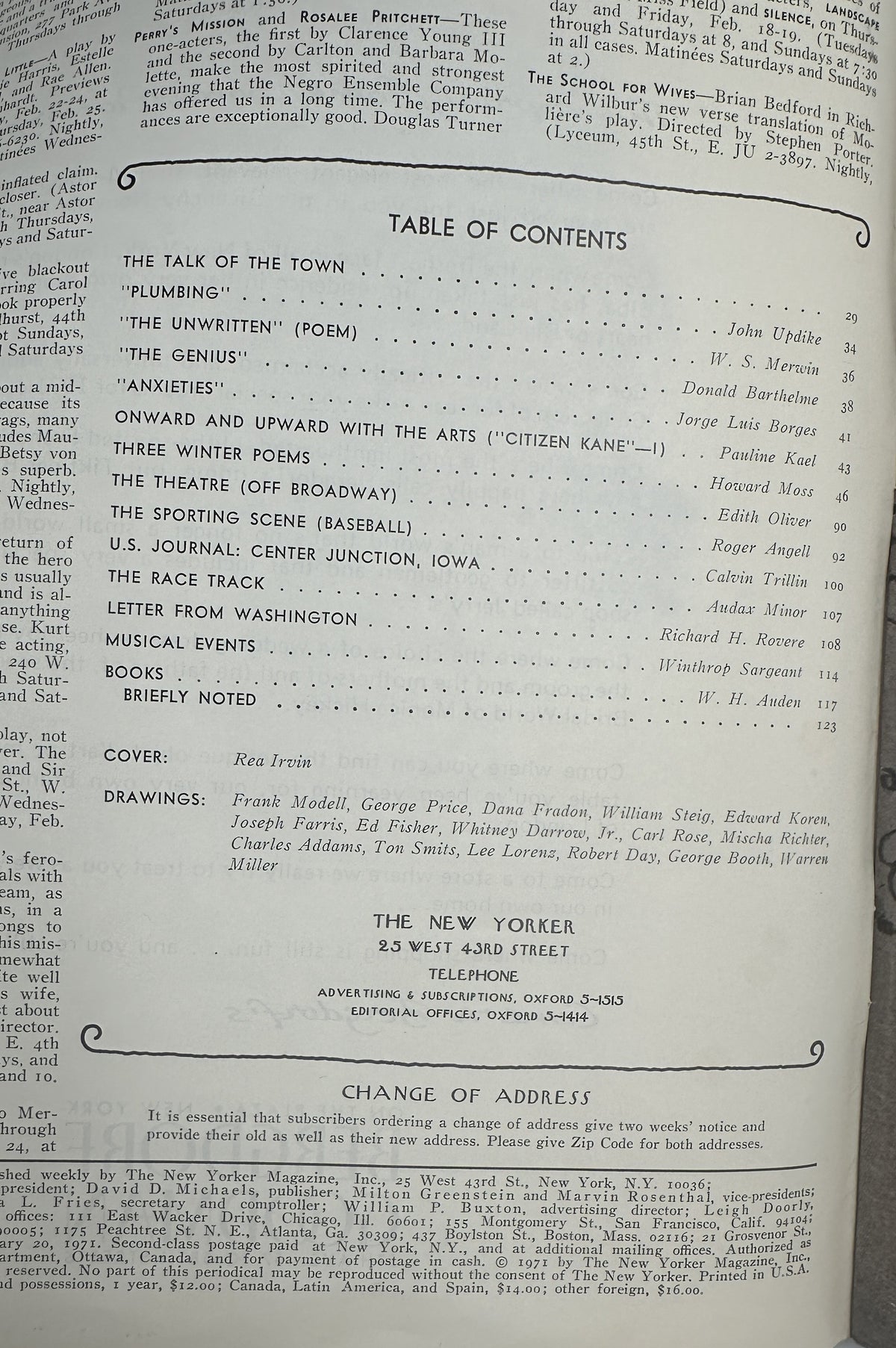 The New Yorker Magazine February 20, 1971 Tilley Butterfly Rea Irvin Cover, showing the issue's Table of Contents page with articles, poems, reviews, and drawings listings.