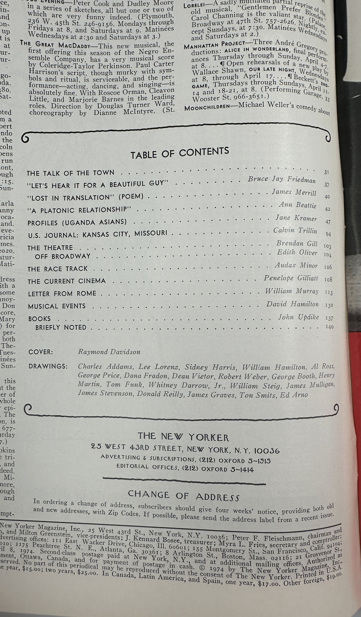 The New Yorker Magazine April 8, 1974 NYC Skyline Raymond Davidson Cover VG, showing the printed table of contents and magazine articles.