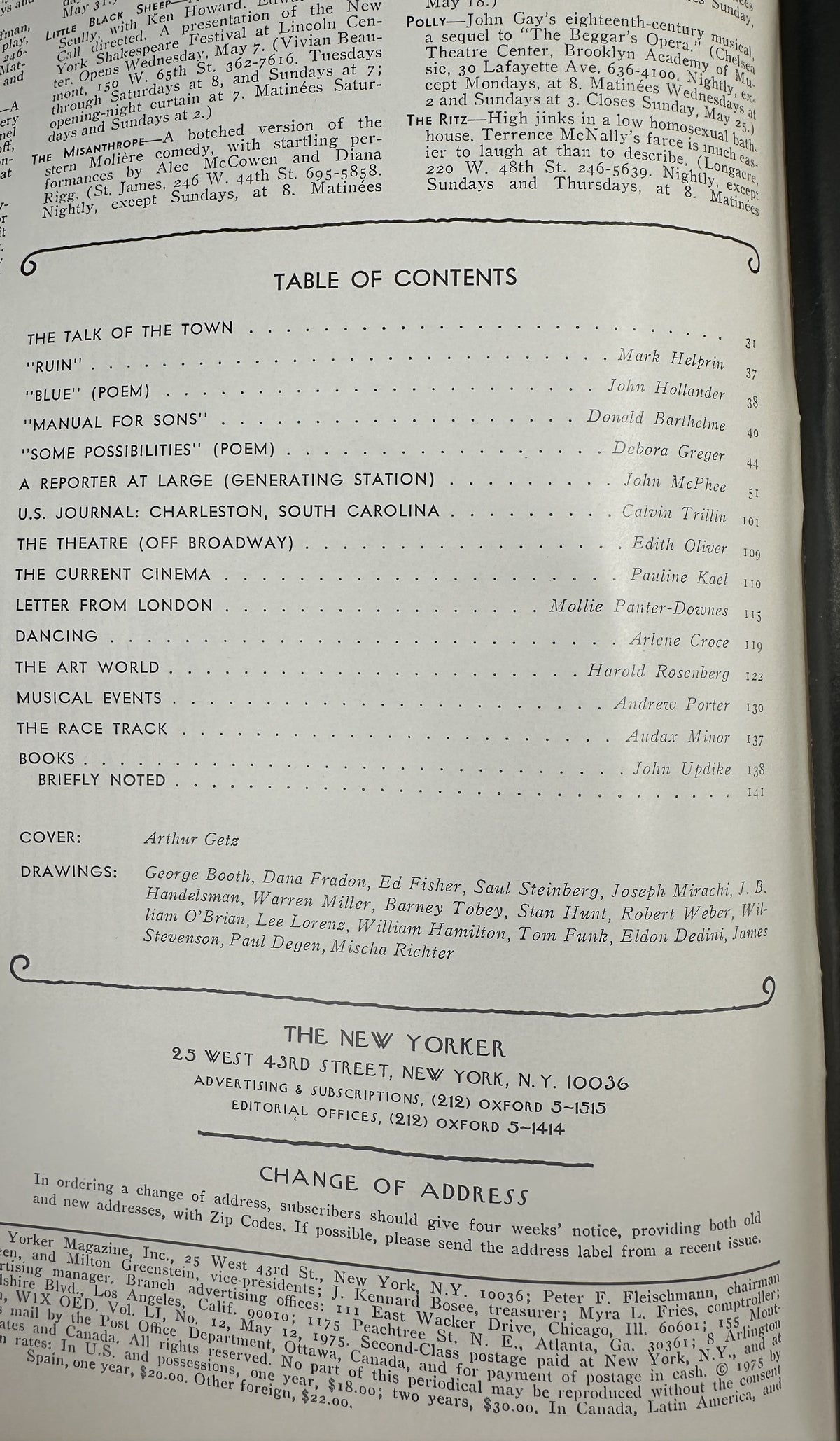 The New Yorker Magazine May 12, 1975 Rocking Chairs Arthur Getz Cover VG, interior table of contents page with listed articles and contributors