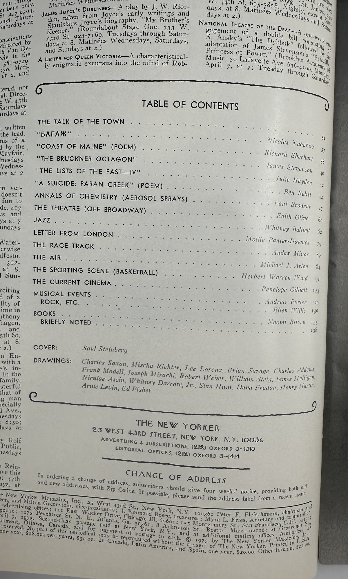 The New Yorker Magazine April 7, 1975 Plus Minus Cloud Saul Steinberg Cover VG, open to the Table of Contents page listing articles, poems, reviews, and contributing writers.