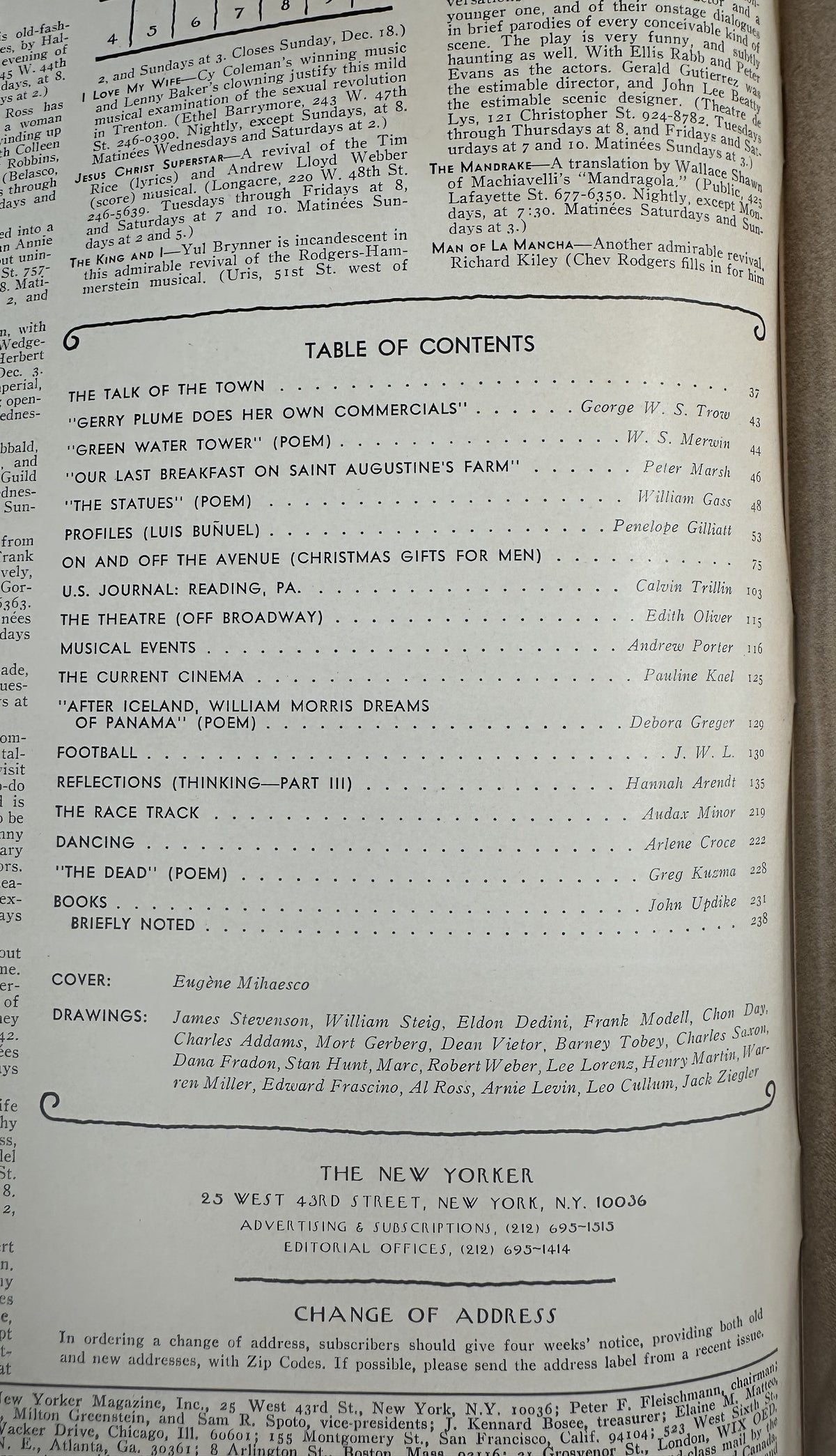 The New Yorker Magazine December 5, 1977 Hotel Room Service Cart Eugene Mihaesco VG, interior table of contents page listing articles, poems, profiles, reviews, and drawings.