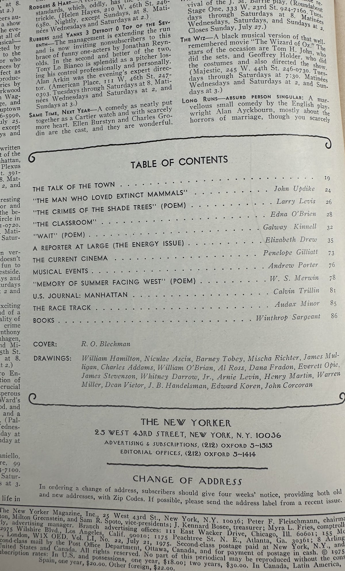 The New Yorker Magazine July 21, 1975 Lawn Mowing R. O. Blechman Cover VG, showing the issue table of contents and magazine publication information.