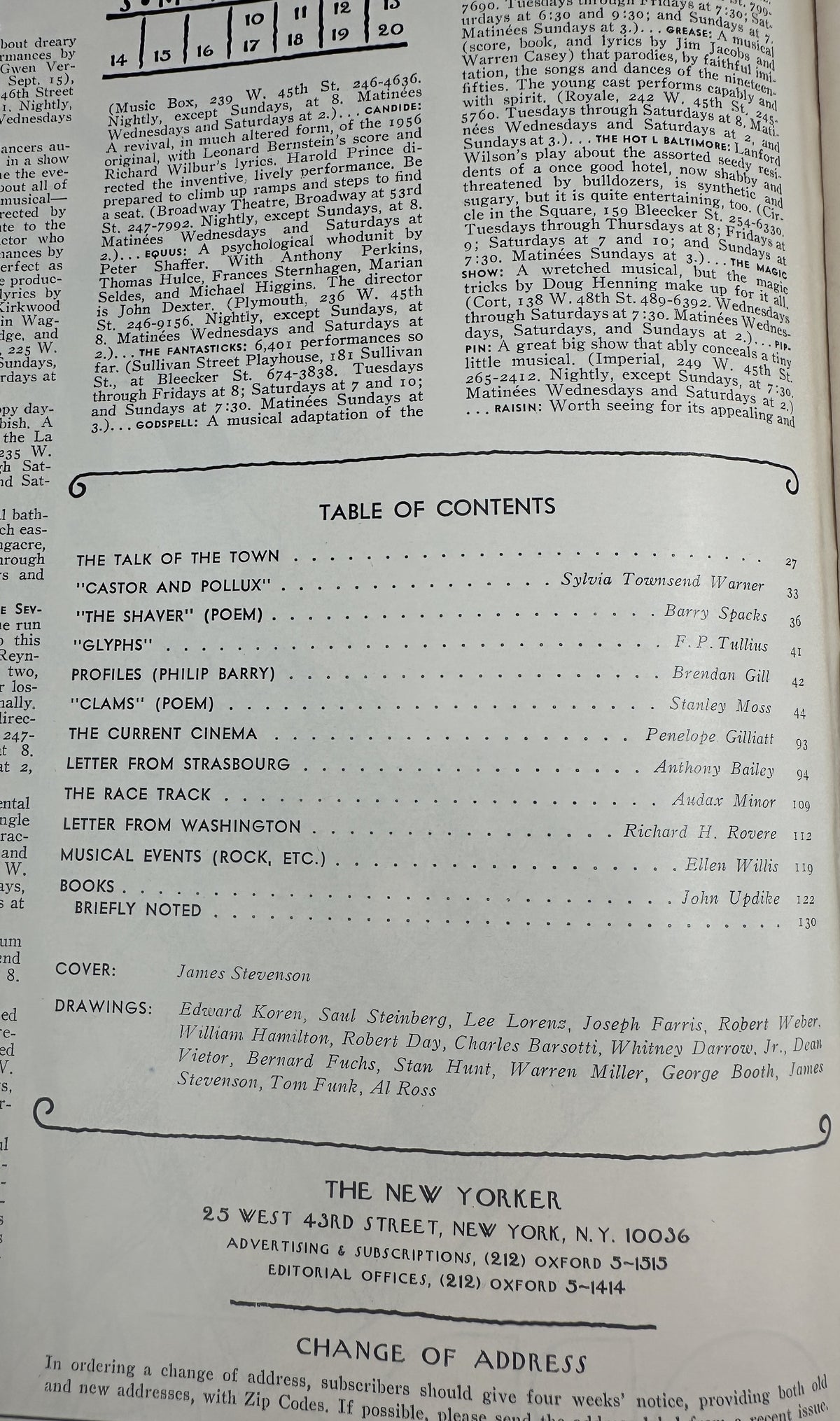 The New Yorker Magazine September 15, 1975 Autumn Field Red Flags James Stevenson VG Table of Contents page showing featured articles, poems, profiles, letters, cinema, books, and drawings.