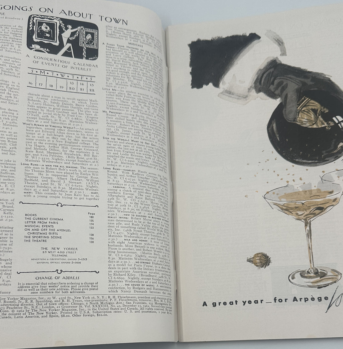 The New Yorker Magazine December 15, 1962 Christmas Shopping Charles Martin Cover, interior page spread with the contents listing and a vintage Arpège fragrance advertisement.