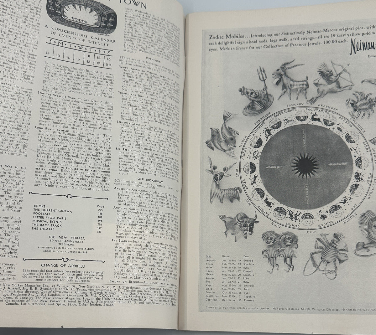 The New Yorker Magazine October 13, 1962 Football Sideline Perry Barlow Cover shown open to interior pages with illustrated zodiac calendar and magazine text