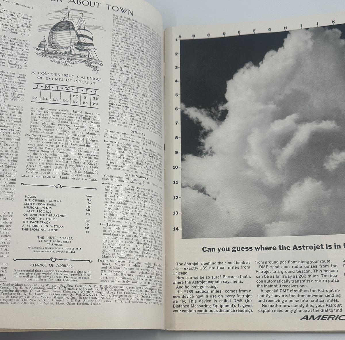 The New Yorker Magazine September 22, 1962 Card Table Floral Lamp Robert Kraus Cover, interior pages featuring the About Town section and an Astrojet cloud identification feature.