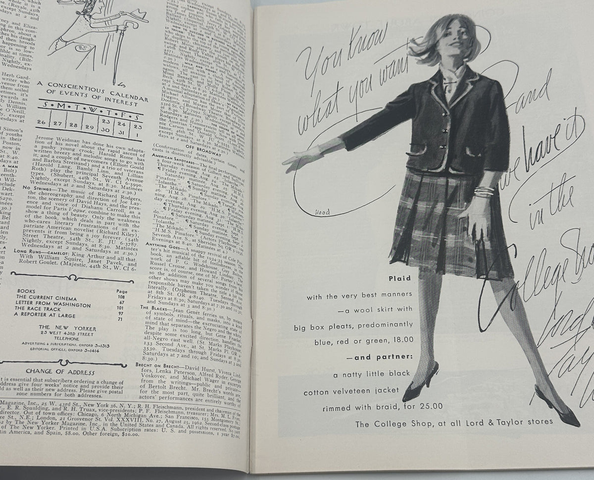 The New Yorker Magazine August 25, 1962 Chef Woman Produce Basket Ludwig Bemelmans interior pages showing magazine text and a vintage fashion illustration