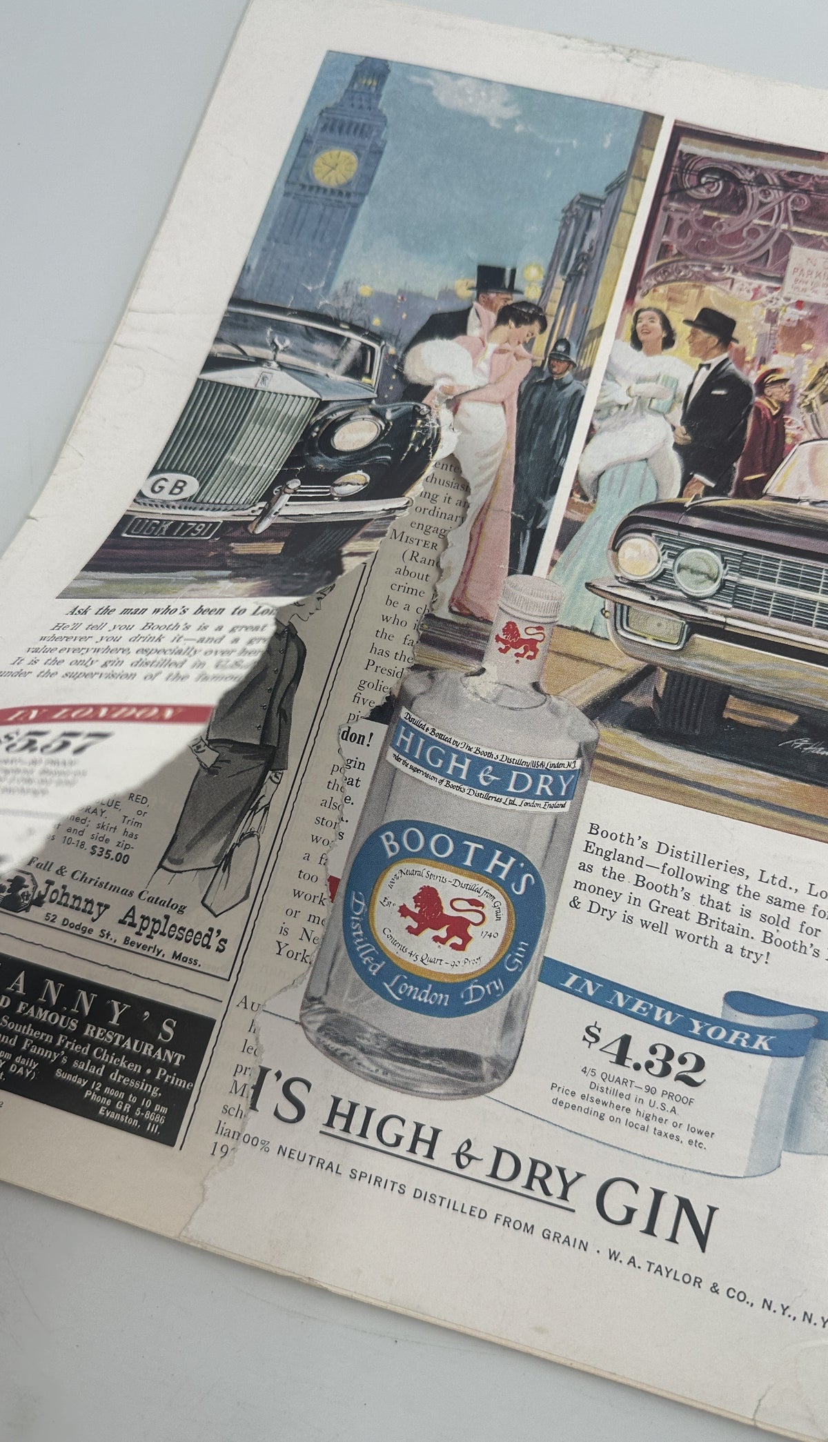 Close-up of a vintage Booth's High & Dry Gin advertisement from The New Yorker Magazine August 25, 1962 Chef Woman Produce Basket Ludwig Bemelmans, featuring classic cars, elegantly dressed figures, and a New York City street scene.