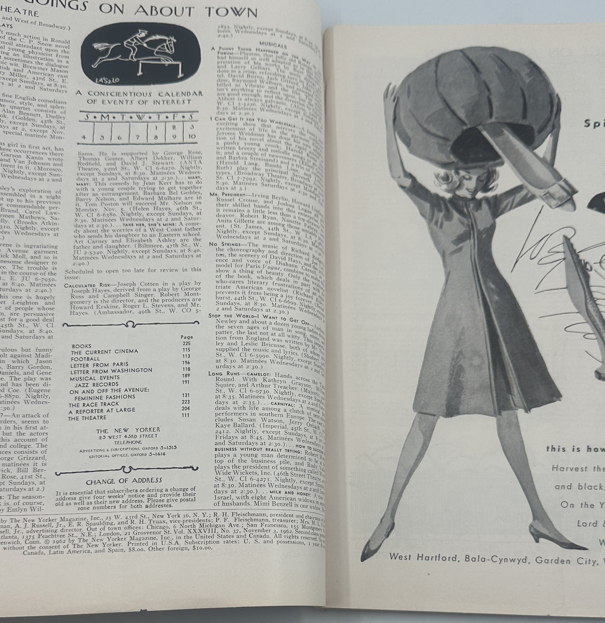 The New Yorker Magazine November 3, 1962 Voting Booth Arthur Getz Cover interior pages showing magazine listings, event calendar, and a vintage fashion illustration