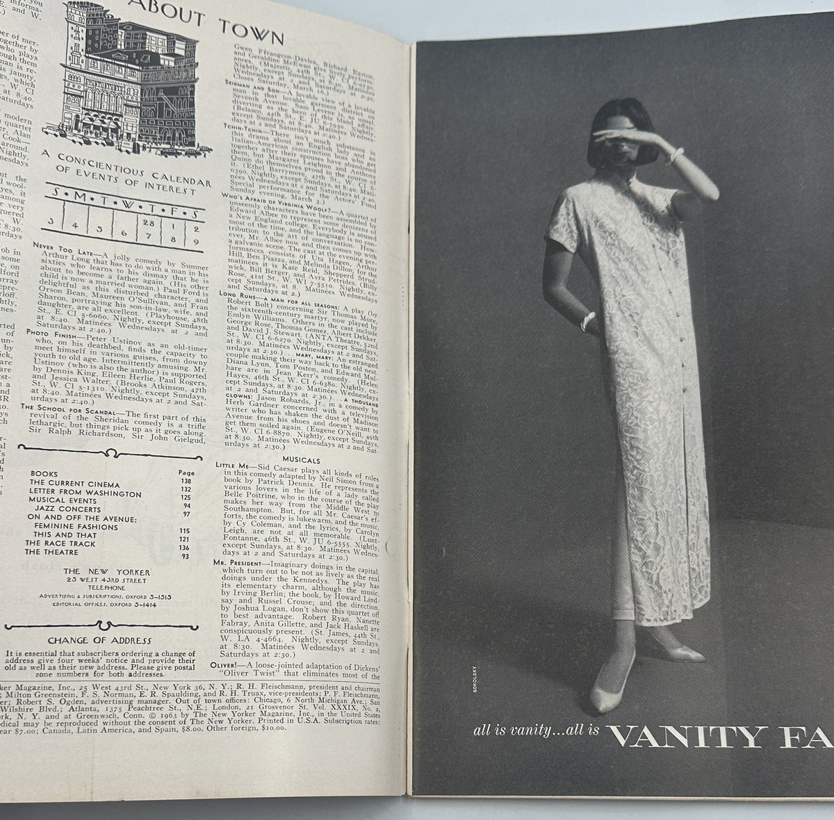 The New Yorker Magazine March 2, 1963 Ballet Dancers Backstage Susanne Suba Cover interior page showing magazine contents and a vintage Vanity Fair fashion advertisement.