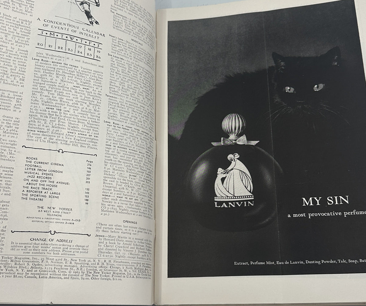 The New Yorker Magazine October 19, 1963 Man by Autumn Swimming Pool Charles D. Saxon Cover, interior pages showing the table of contents and a vintage Lanvin perfume advertisement featuring a black cat.