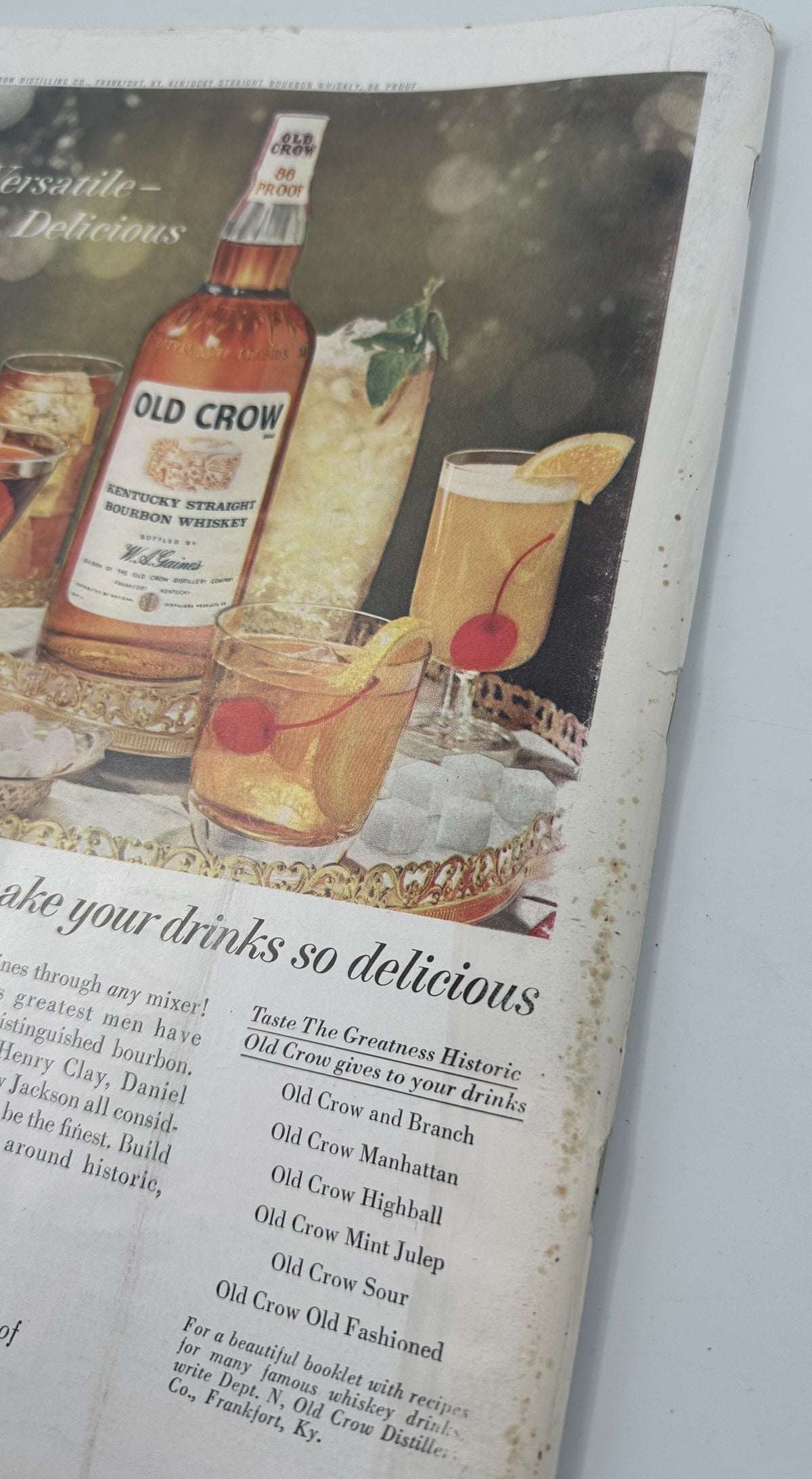 Close-up of an Old Crow bourbon whiskey advertisement with cocktails, cherries, ice, and the headline “No other whiskey can make your drinks so delicious” in The New Yorker Magazine October 19, 1963 Man by Autumn Swimming Pool Charles D. Saxon Cover.