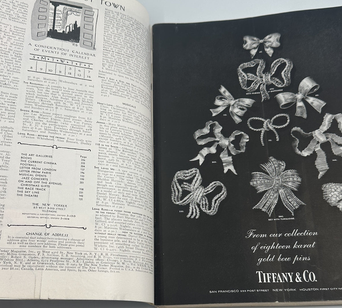 The New Yorker Magazine December 7, 1963 Christmas Tree Bazaar Crowd Ilonka Karasz Cover opened to an interior page showing a Tiffany & Co. advertisement for jeweled bows and ribbons.