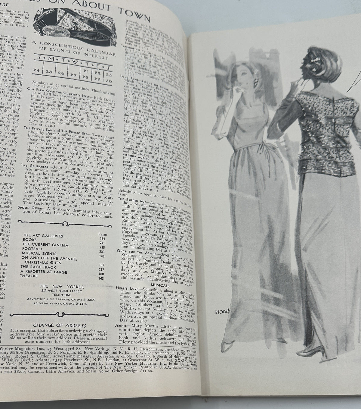 The New Yorker Magazine November 23, 1963 Fox Hunt Riders Woodland Ilonka Karasz Cover, interior page showing the table of contents and a vintage fashion illustration of two women.