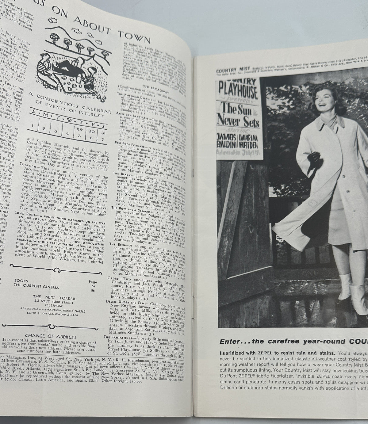 The New Yorker Magazine August 31, 1963 Night Highway Interchange Arthur Getz Cover interior pages, featuring a contents page and a vintage Country Mist Playhouse advertisement with a smiling woman.