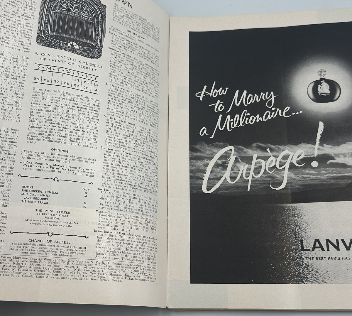 The New Yorker Magazine August 24, 1963 Artist Painting in Park William Steig Cover, interior spread showing the contents page and a vintage Lanvin Arpege perfume advertisement.