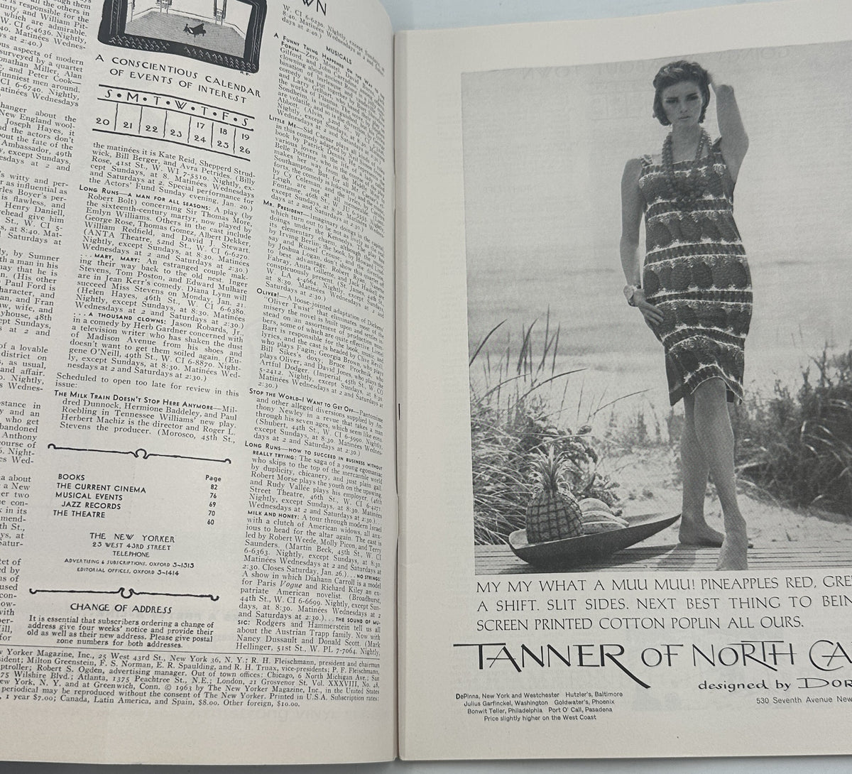 The New Yorker Magazine January 19, 1963 Ice Fishing Winter Abe Birnbaum Cover interior spread showing magazine text, a table of contents, and a vintage fashion advertisement featuring a woman outdoors.