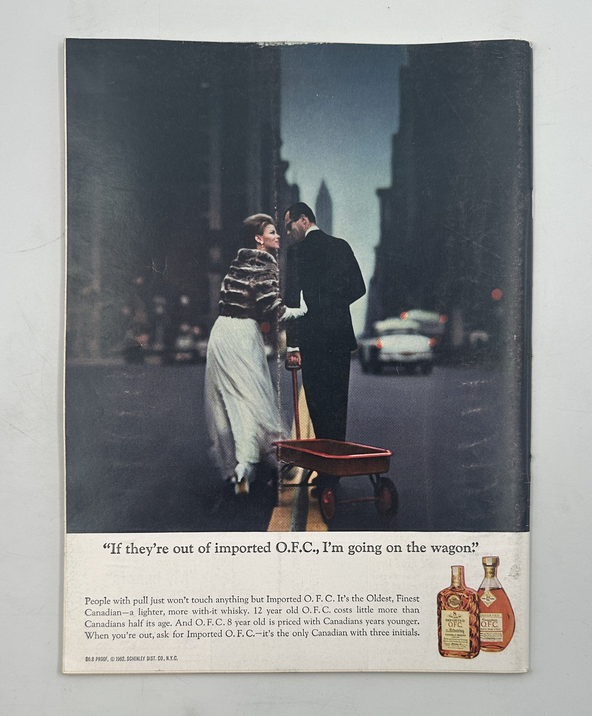 The New Yorker Magazine January 19, 1963 Ice Fishing Winter Abe Birnbaum Cover interior vintage liquor advertisement showing a couple walking through a city street with a red wagon and whiskey bottles.