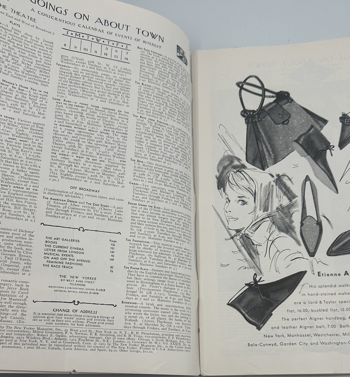 The New Yorker Magazine September 7, 1963 interior spread showing magazine listings alongside a vintage fashion illustration of a woman with handbags, shoes, and accessories.
