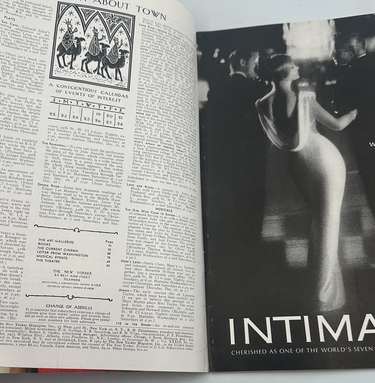 The New Yorker Magazine December 21, 1963 Christmas Choir Noel Charles Addams Cover, interior magazine spread featuring About Town editorial text, illustration, and black-and-white Intimate fragrance advertisement.