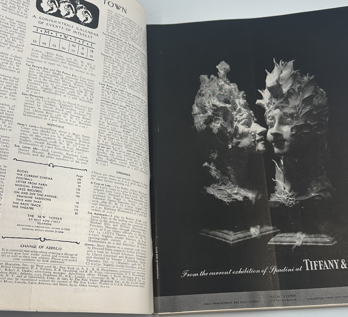 The New Yorker Magazine October 12, 1963 Paris Sardinia Saul Steinberg Cover opened to a contents page beside a black-and-white Tiffany & Co. jewelry advertisement.