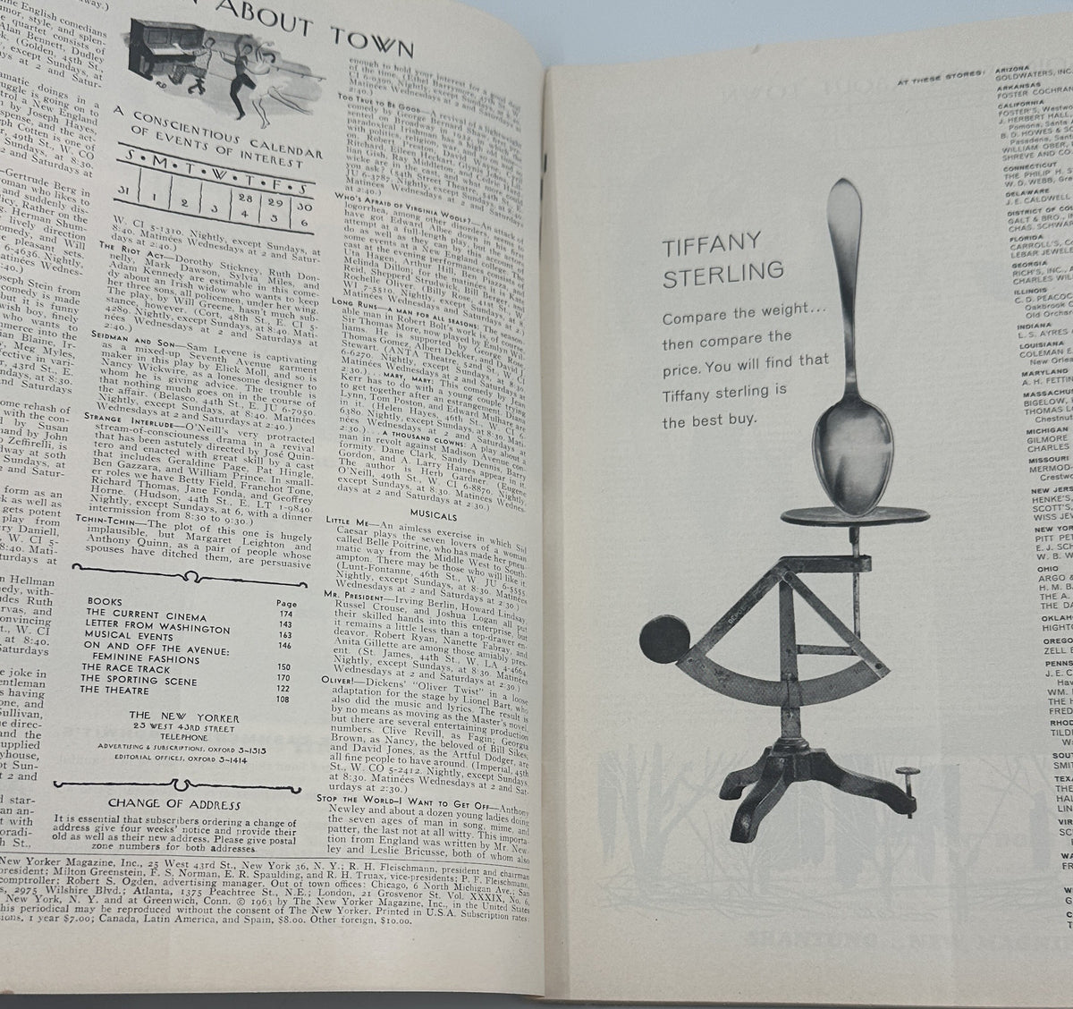The New Yorker Magazine March 30, 1963 Lion Head Abe Birnbaum Cover opened to interior pages with the table of contents and a Tiffany Sterling silver advertisement.