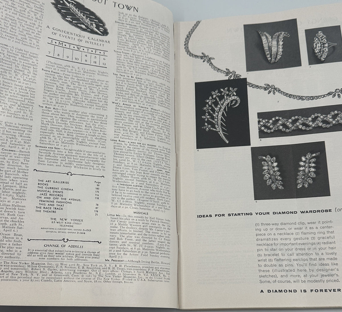 The New Yorker Magazine April 6, 1963 Ornate Frame Shop Anatol Kovarsky Cover, open to an interior fashion and jewelry feature page with black-and-white illustrations and article text.