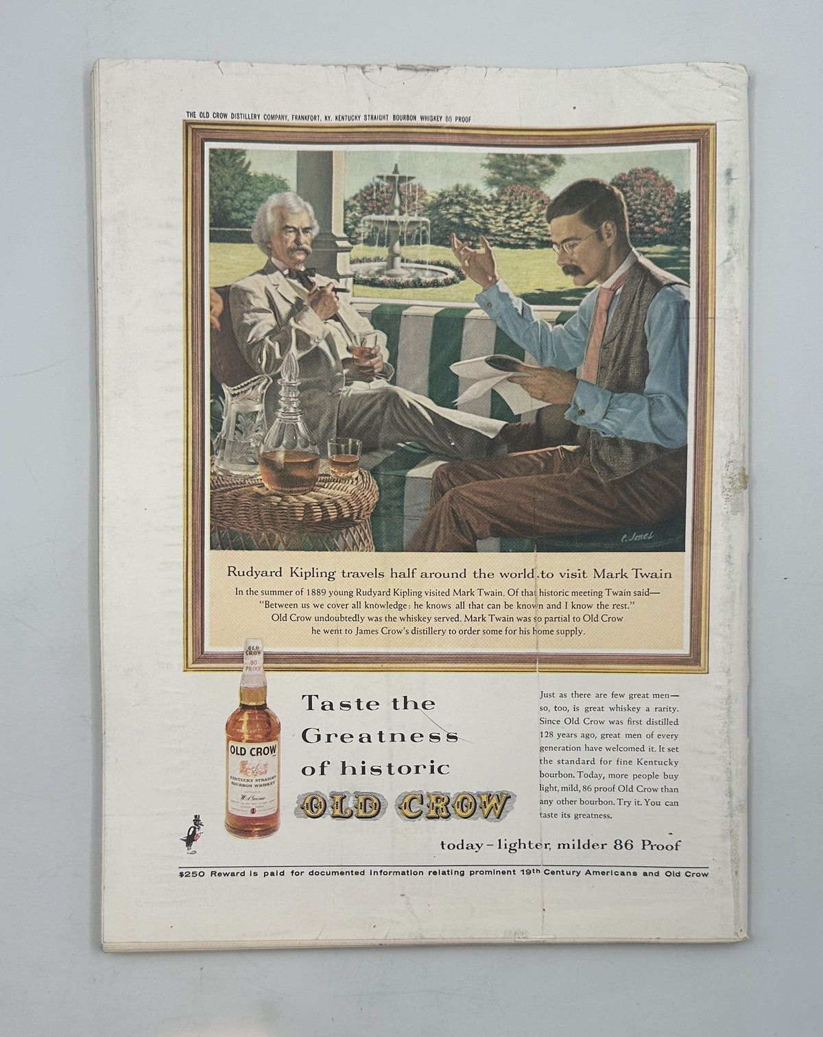 The New Yorker Magazine April 6, 1963 Ornate Frame Shop Anatol Kovarsky Cover, vintage back cover featuring an Old Crow whiskey advertisement with illustrated figures in an ornate garden setting.