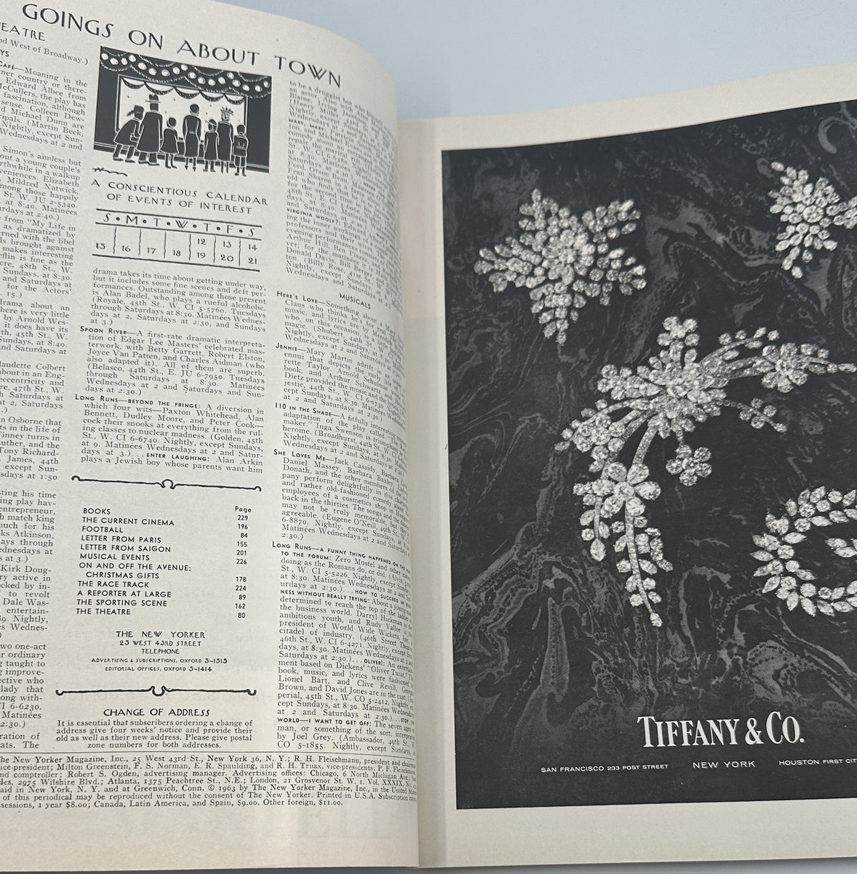 The New Yorker Magazine December 14, 1963 Christmas Tree Market Arthur Getz Cover, open to a table of contents page beside a Tiffany & Co. holiday advertisement.