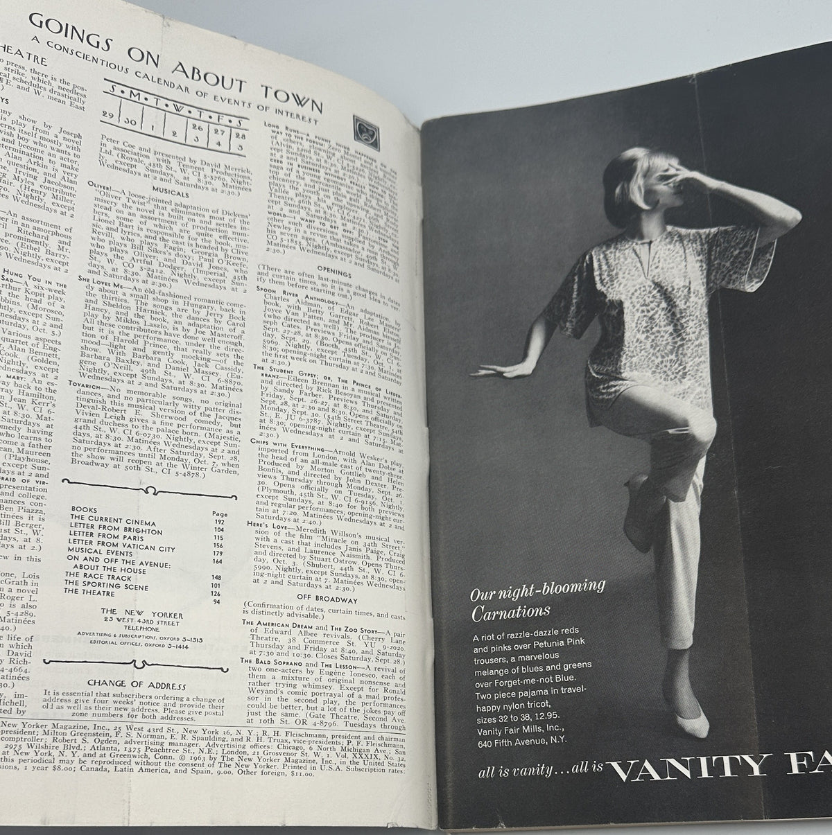 The New Yorker Magazine September 28, 1963 Lit House Windows Night André François Cover shown open to an interior page titled Going on About Town beside a vintage Vanity Fair fashion advertisement.