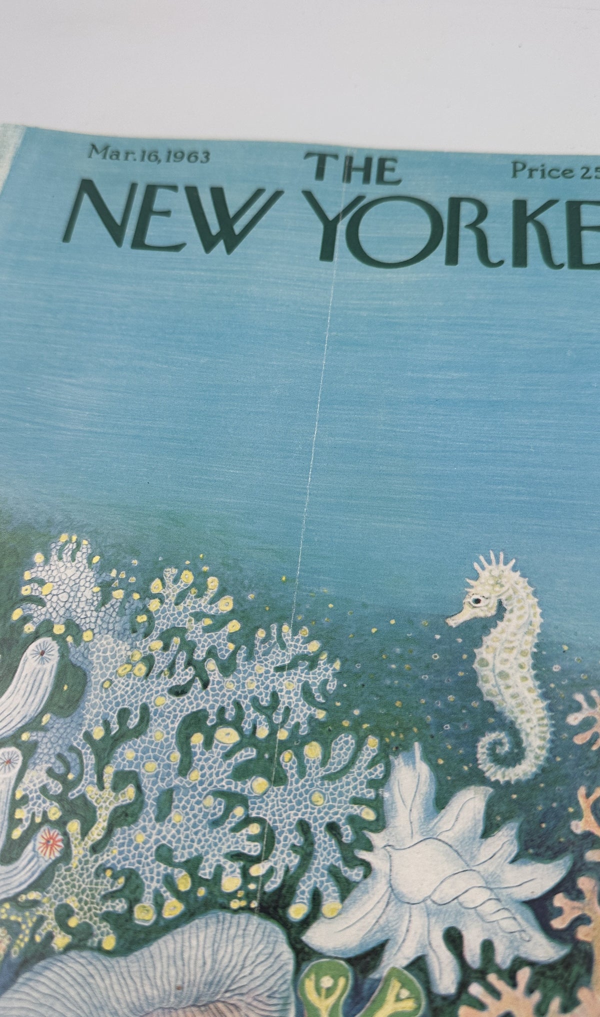 The New Yorker Magazine March 16, 1963 Coral Reef Seahorse Ilonka Karasz Cover, close-up detail of the illustrated coral reef and white seahorse artwork.