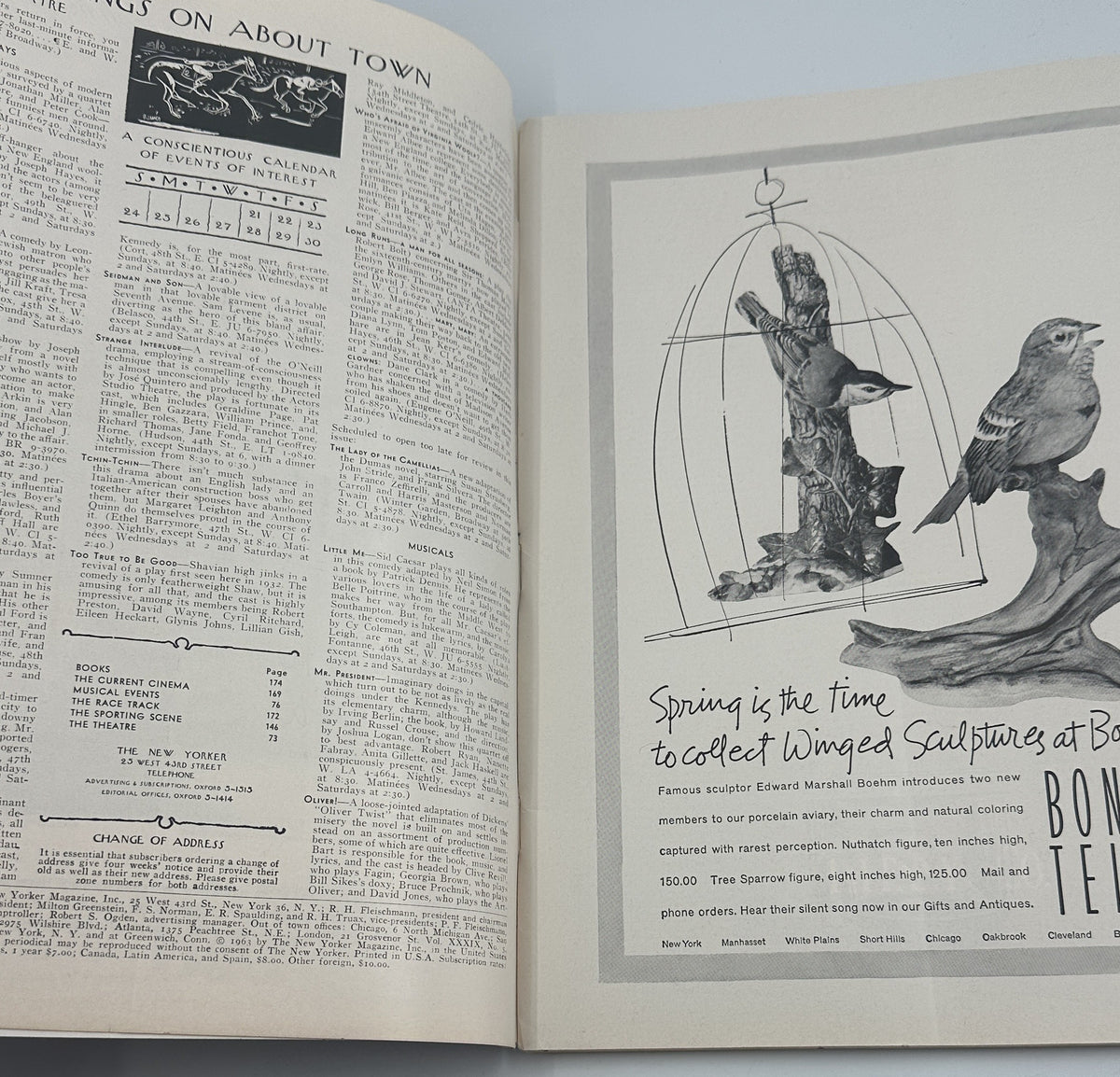 The New Yorker Magazine March 23, 1963 Historic Fireplace Arthur Getz Cover opened to an interior spread featuring illustrated bird sculptures and magazine articles